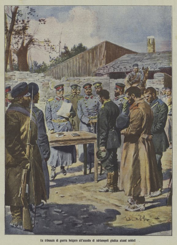 Soldados a serem julgados por um tribunal militar búlgaro no cerco de Adrianópolis, Primeira Guerra dos Balcãs (litografia a cores) de Italian School