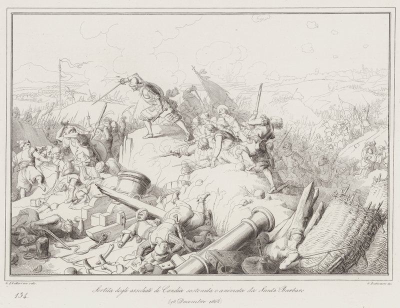 Sortie of the besieged of Candia apoiada e animada por Sante Barbaro de Italian School