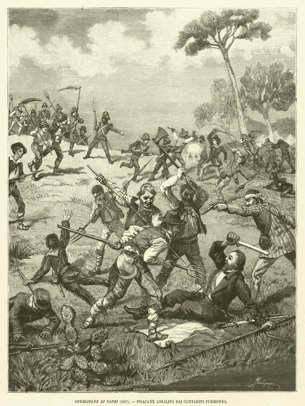 Expedição Sapri (1857), Pisacane Assaltada pelos Camponeses Furiosos (gravura) de Italian School