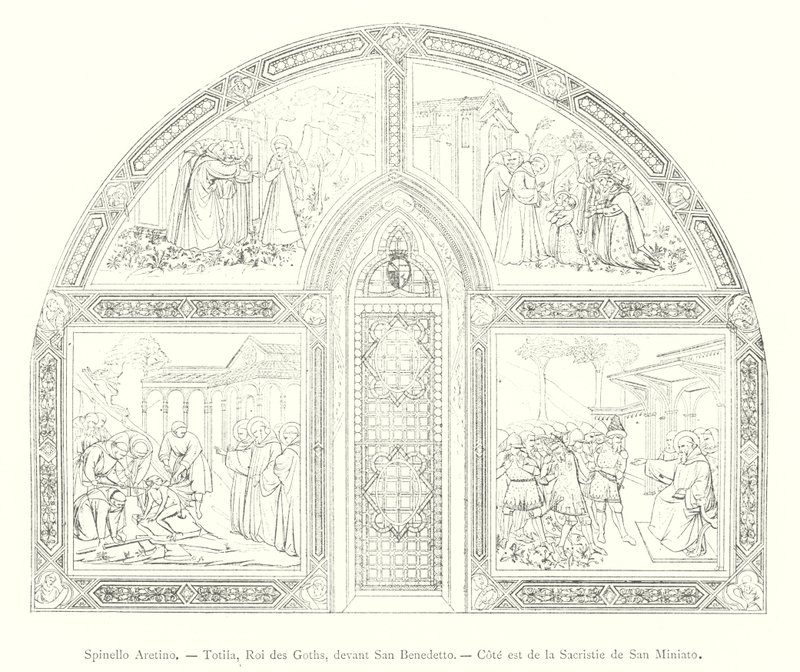Spinello Aretino, Totila, Roi des Goths, devant San Benedetto, Cote est de la Sacristie de San Miniato (gravura) de Italian School