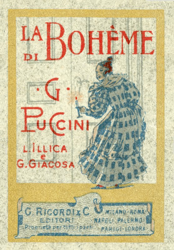Anúncio do tamanho de um selo para Giacomo Puccinis La Boheme, realizado pela primeira vez em 1896 de Italian School