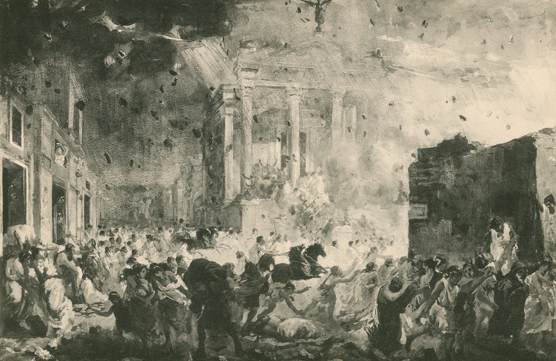 A destruição de Pompeia antes do Templo da Fortuna (gravura) de Italian School