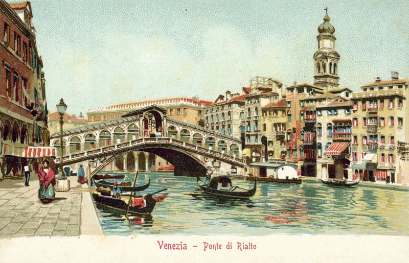 O Rialto, Veneza (litografia a cores) de Italian School