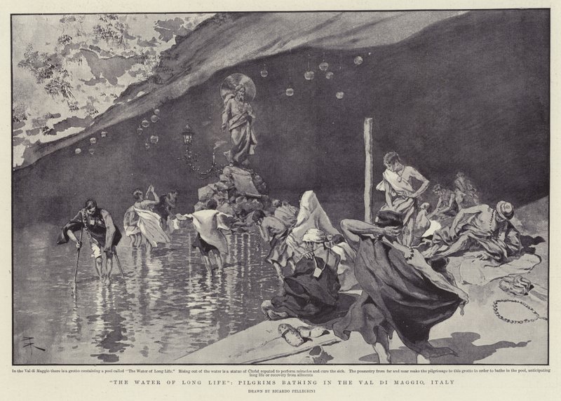 "A água da longa vida", Peregrinos a banharem-se no Val di Maggio, Itália (litografia) de Italian School