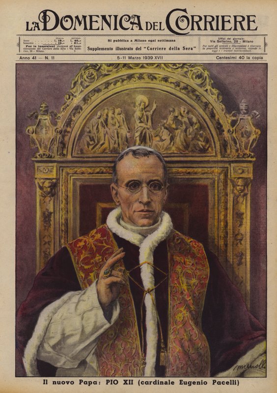 O novo Papa, Pio XII (Cardeal Eugenio Pacelli) (litografia a cores) de Italian School