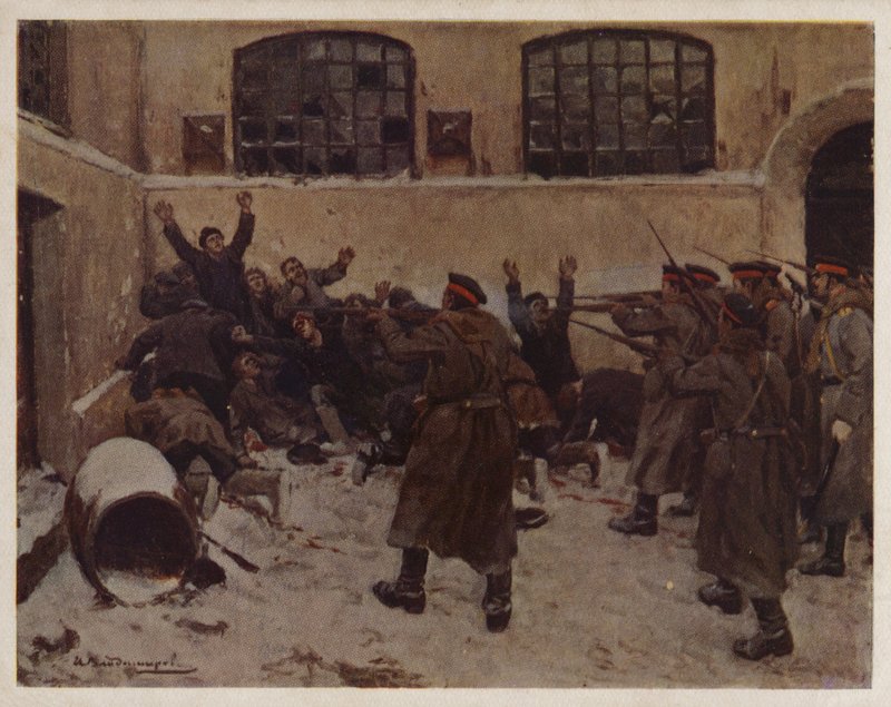Soldados russos a disparar contra manifestantes no distrito de Presnya em Moscovo durante a Revolução de 1905 (cor litho) de Ivan Alexeyevich (after) Vladimirov