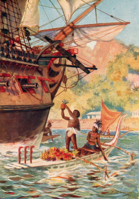 Ilhéus Marquesas negociam frutas com a expedição do Capitão Cook de J. Williamson