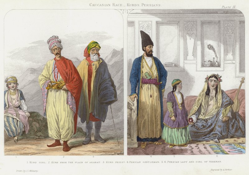 Raça Caucasiana, Curdos, Persas (gravura colorida) de J.L. (after) Williams