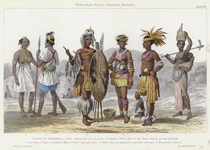 Corrida Etíope, Negros, Kaffirs (gravura colorida) de J.L. (after) Williams