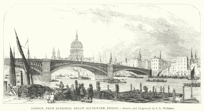 Londres, de Bankside, abaixo da ponte Southwark (gravura) de J.L. (after) Williams