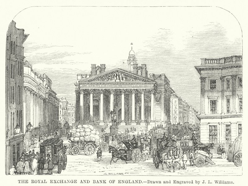 The Royal Exchange and Bank of England (gravura) de J.L. (after) Williams
