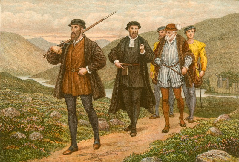 John Knox carregando a espada antes de George Wishart, após a tentativa de assassinato em Dundee de J.M.L. Ralston