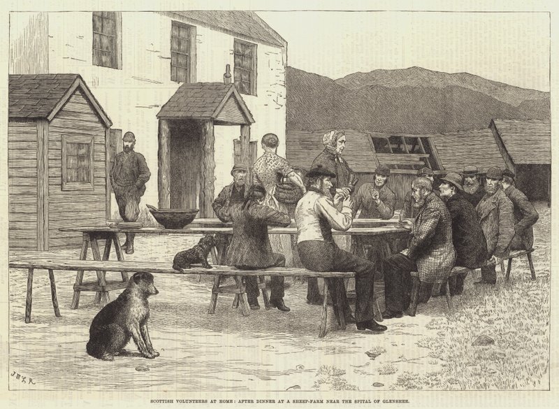Voluntários escoceses em casa, depois do jantar em uma fazenda de ovelhas perto do Spital of Glenshee de J.M.L. Ralston