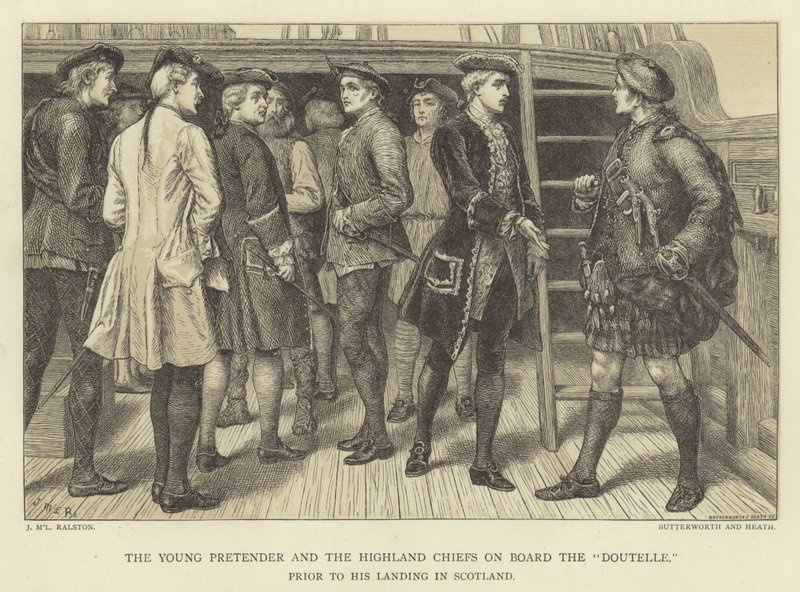 The Young Pretender e os Highland Chiefs a bordo do Doutelle antes de aterrissar na Escócia de J.M.L. Ralston