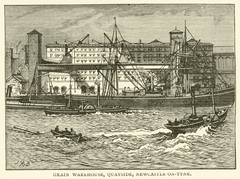 Grain Warehouse, Quayside, Newcastle-on-Tyne (gravura) de J.R. Brown