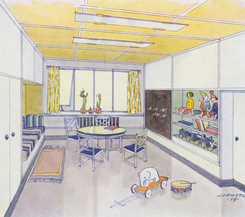 interiores dos anos 30: Berçário (cor litho) de J. Demetz
