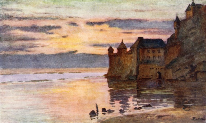 Gendarmerie, Tour Gabriel, e River Coesnon, Mont St Michel (cor litho) de J. Hardwicke Lewis