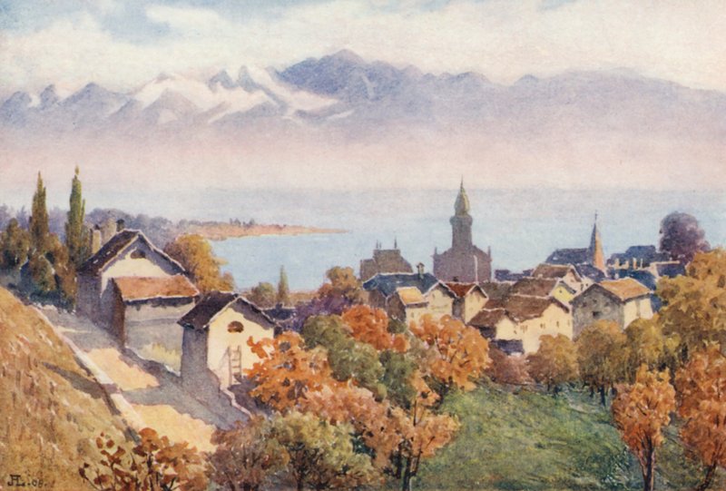 Morges e o lago da estrada de Vufflens (litografia a cores) de J. Hardwicke Lewis