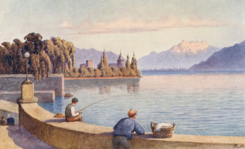 Os Dents du Midi e La Tour de "Entre deux Villes" (litografia a cores) de J. Hardwicke Lewis
