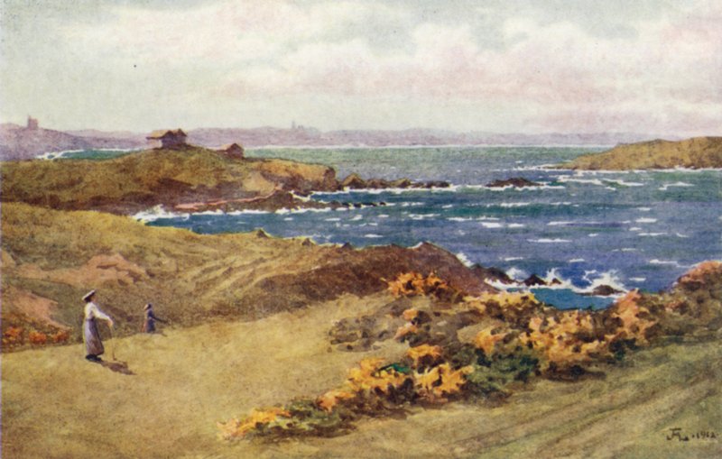 Os links de golfe entre St Lunaire e St Briac, St Cast in the Distance (lito colorido) de J. Hardwicke Lewis