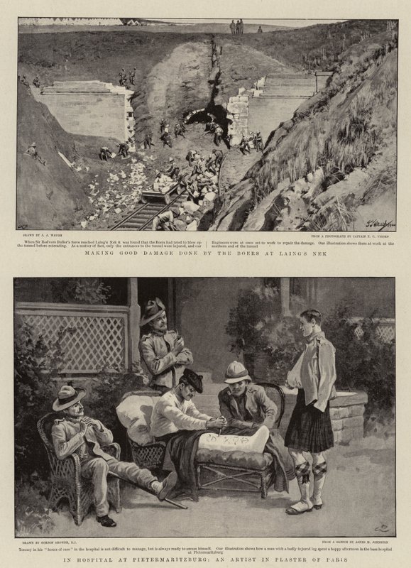 Fazendo um bom dano feito pelos Boers no Nek de Laing, no Hospital de Pietermaritzburg, um artista em gesso de Paris de J. J. Waugh