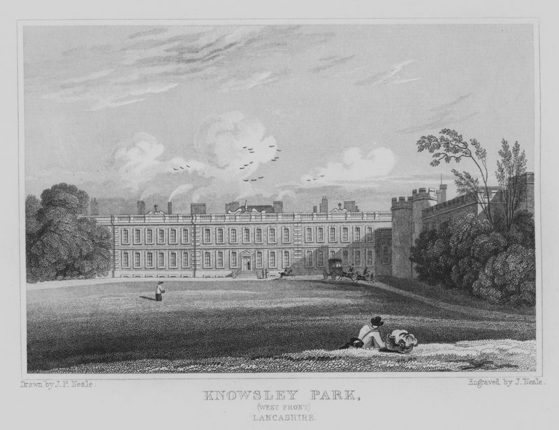 Knowsley Park, West Front, Lancashire (gravura) de John Preston Neale
