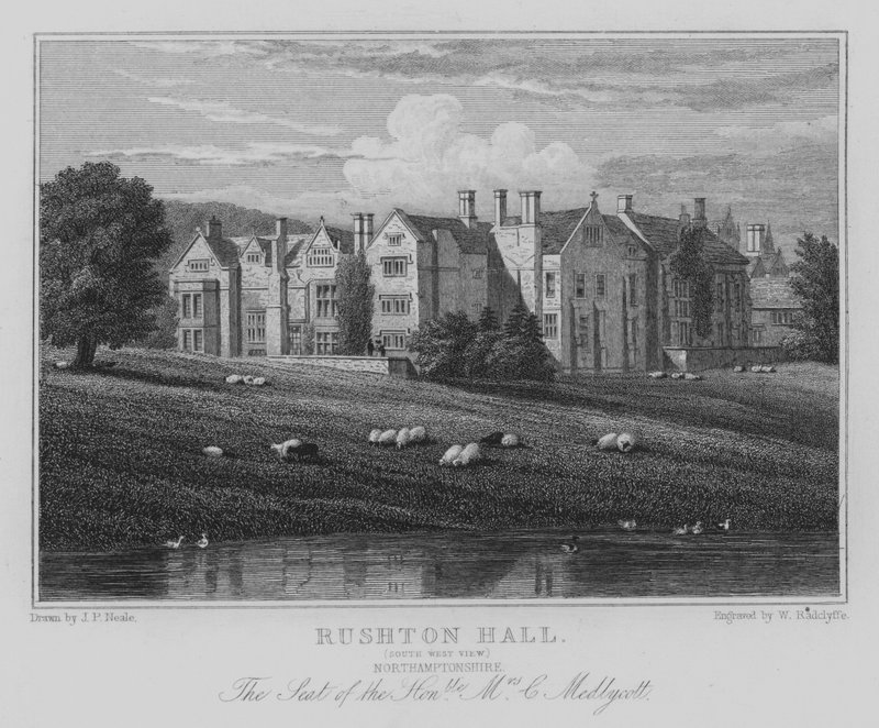 Rushton Hall, South West View, Northamptonshire, The Seat of the Honourable Mrs C Medlycott (gravura) de John Preston Neale