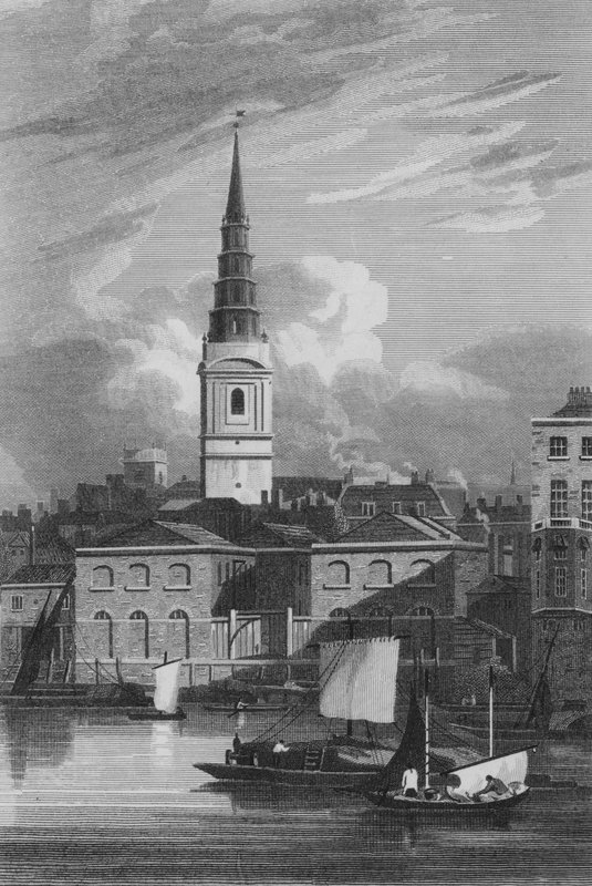 Vista da Igreja de Santa Noiva, tirada do Rio Tamisa (gravura) de John Preston Neale