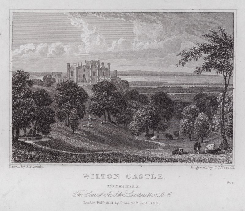 Wilton Castle, Yorkshire, a sede de Sir John Lowther (gravura) de John Preston Neale