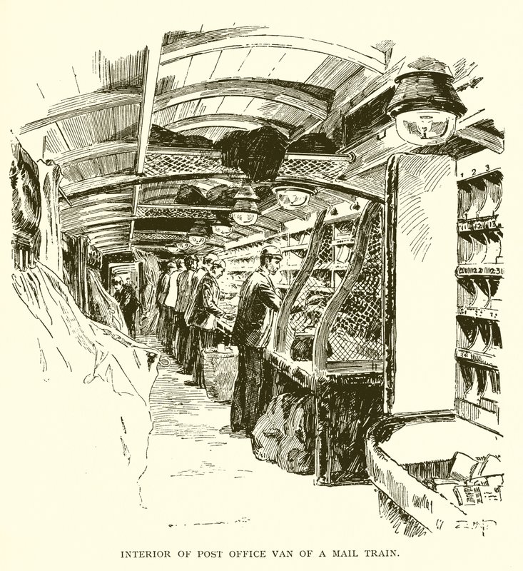 Interior da van de correios em um trem de correio de J. R. Sinclair