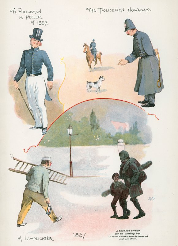 Policial ou Descascador de 1837, Policial hoje em dia, Lamplighter, Chaminé Sweep de J. R. Sinclair