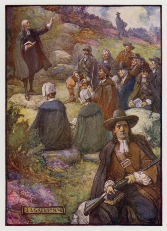 Sentinelas armadas vigiando durante uma reunião de covenanters escoceses, do século XVII de J. R. Skelton