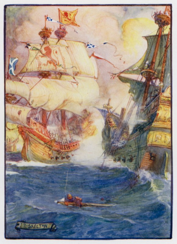 O capitão naval escocês Sir Andrew Wood, do Largo, e seus dois navios, o Yellow Carvel e o Flower, derrotando quatro navios ingleses ao largo de Dunbar, 1489 de J. R. Skelton
