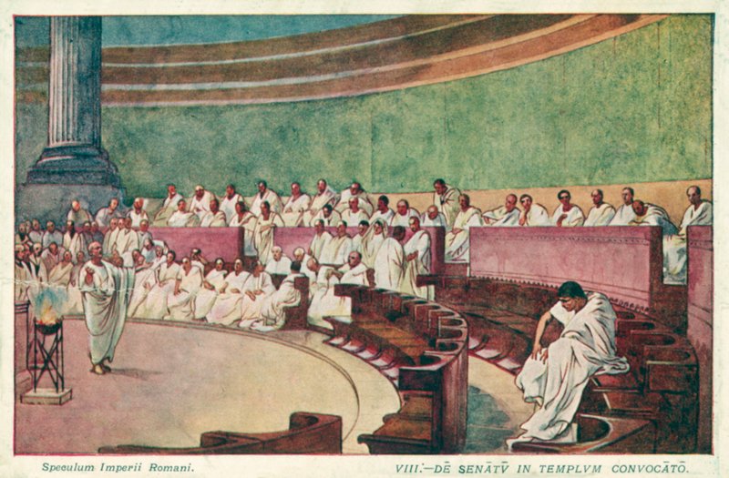 Cícero atacando Catiline no senado da Roma antiga (cor litho) de J. Williamson