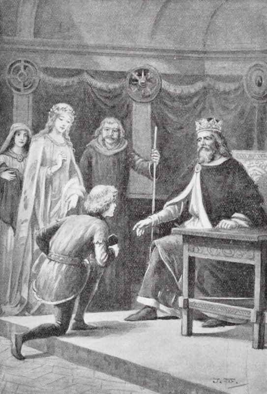 Gareth veio pedir o seu segundo favor, para ser um dos cavaleiros do rei e poder ajudar a senhora (litografia) de J. Williamson