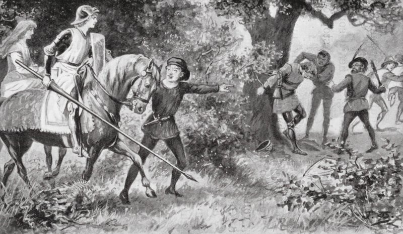 Gareth correu para os ladrões e atacou-os com tanta ousadia que eles fugiram (litografia) de J. Williamson