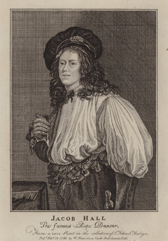 Jacob Hall, dançarino de corda inglês e acrobata activo durante o reinado do Rei Carlos II (gravura) de Jacob (after) Van Oost the Younger