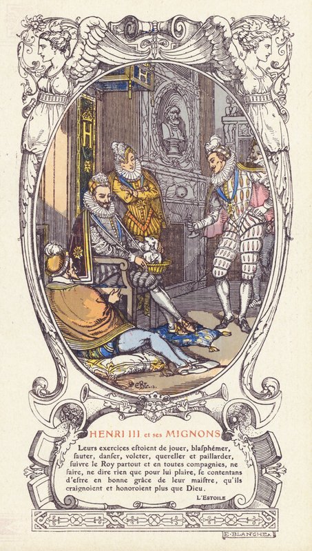 Rei Henrique III de França e seus favoritos, os Mignons (cor litho) de Jacques Emile (after) Blanche