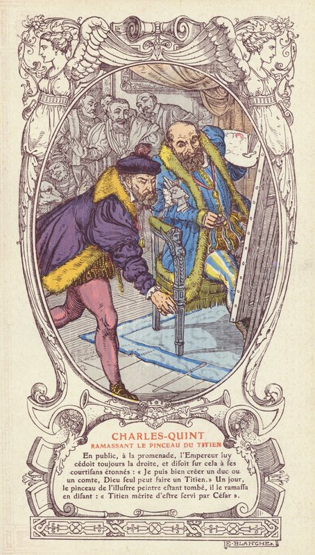 Carlos V pegando o pincel de Ticiano depois de deixá-lo cair enquanto trabalhava no retrato do Imperador (cor litho) de Jacques Emile (after) Blanche