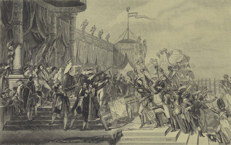 Napoleão distribuindo padrões de águia para o exército francês, 5 de Dezembro de 1804 (gravura) de Jacques Louis (after) David