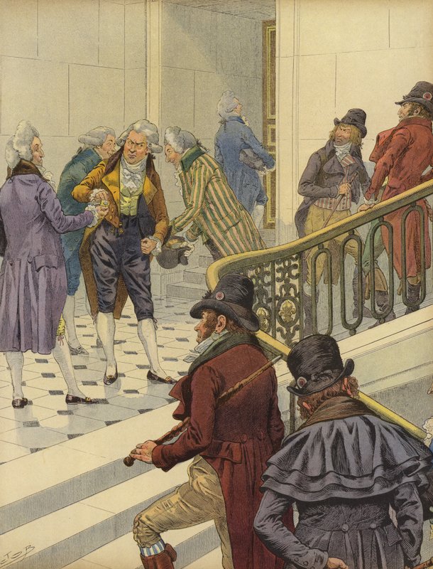 Emigrantes franceses são recebidos de volta à França no Palácio das Tulherias, em Paris de Jacques Marie Gaston Onfray de Breville (Job)