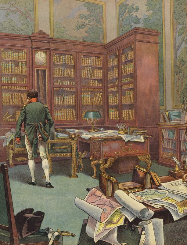 Napoleão Bonaparte consulta mapas em seu estudo de Jacques Marie Gaston Onfray de Breville (Job)