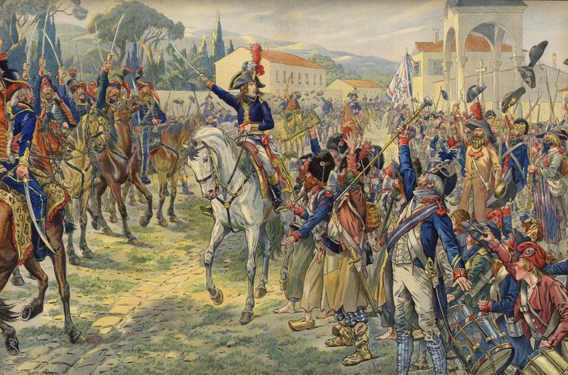 Napoleão Bonaparte em sua chegada na cidade ocupada de Nice de Jacques Marie Gaston Onfray de Breville (Job)