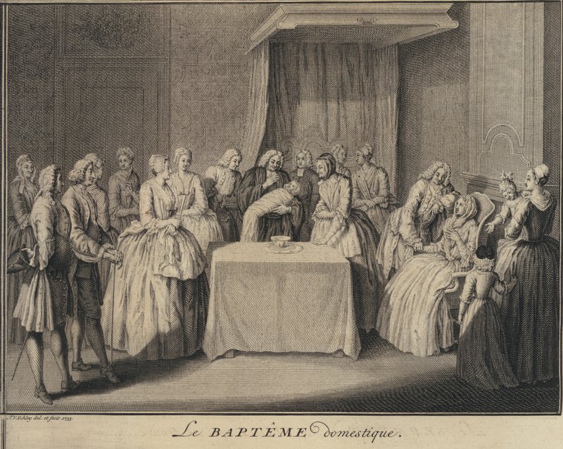 Um baptismo doméstico (gravura) de Jakob van der Schley