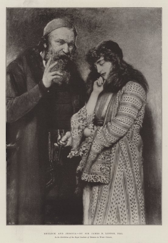 Shylock e Jessica, na Exposição do Instituto Real de Pintores em Aquarelas de James Dromgole Linton