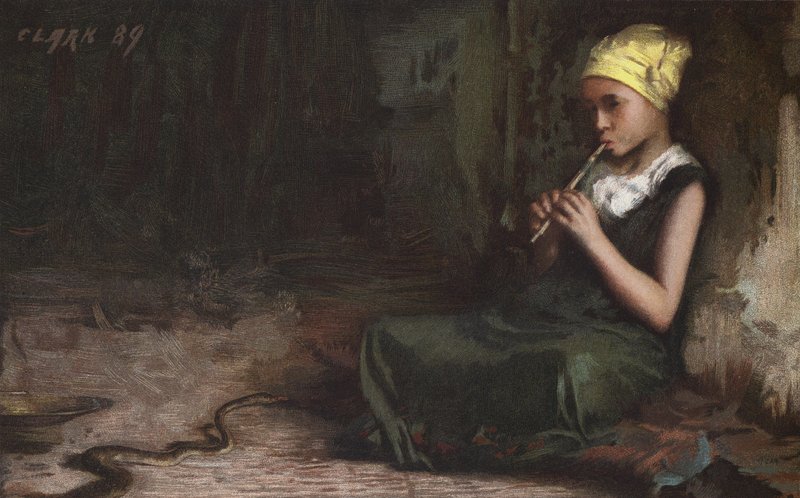 Garota encantando uma cobra (chromolitho) de James (after) Clark
