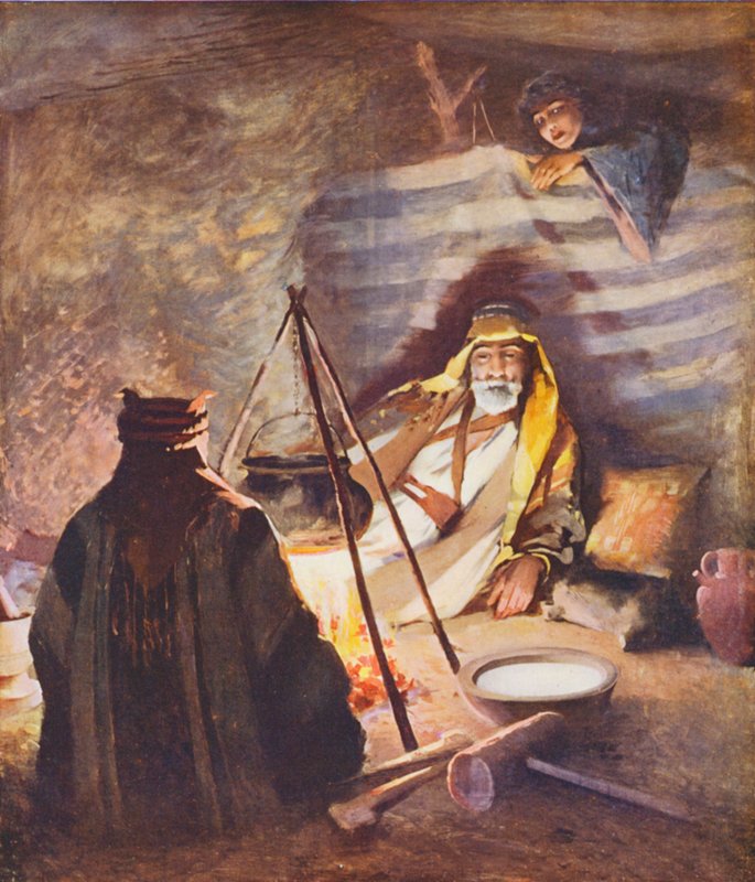 Terra Santa: "Uma casa de cabelos", interior da tenda Bedaween (litografia a cores) de James (after) Clark