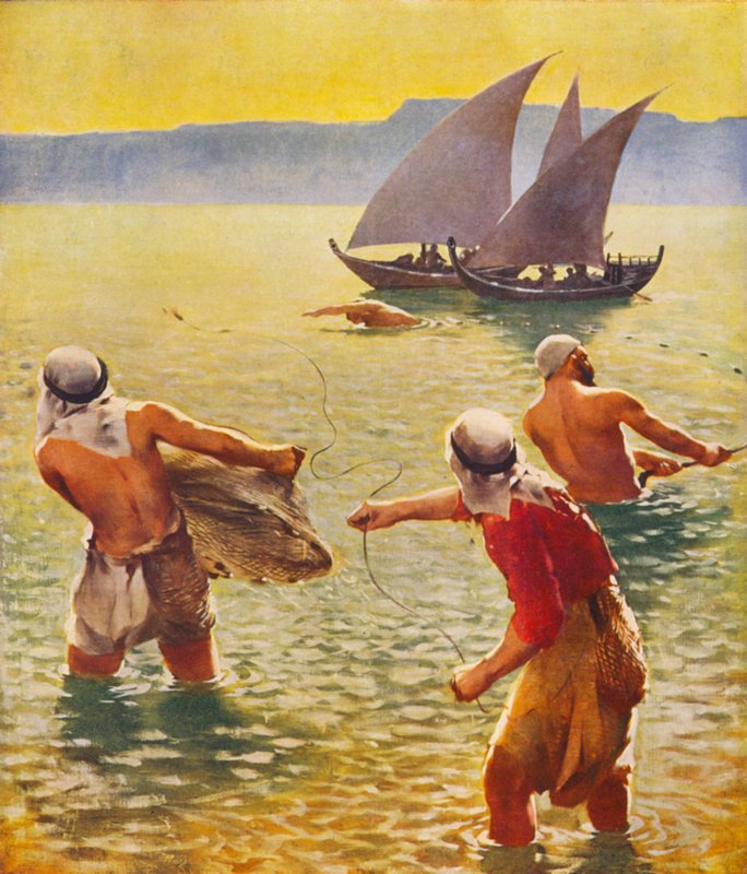 Terra Santa: Pesca no lago da Galileia (litografia a cores) de James (after) Clark