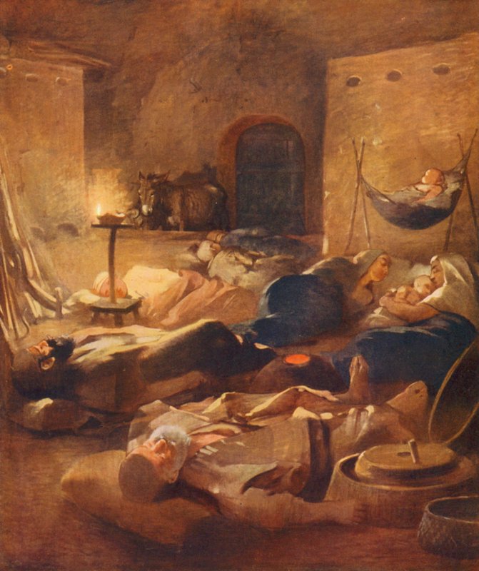 Terra Santa: Interior de uma casa Fellahheen à noite (litografia a cores) de James (after) Clark