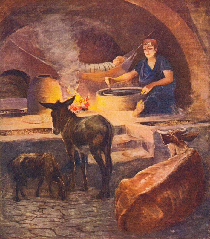 Terra Santa: Interior de uma casa Fellahheen, de manhã cedo no inverno (litografia a cores) de James (after) Clark